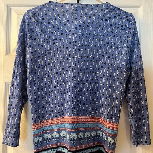 Garnet Hill Patterned Blue Lightweight Cardigan 100% Merino Wool 3/4 Sleeves - Picture 3 of 11